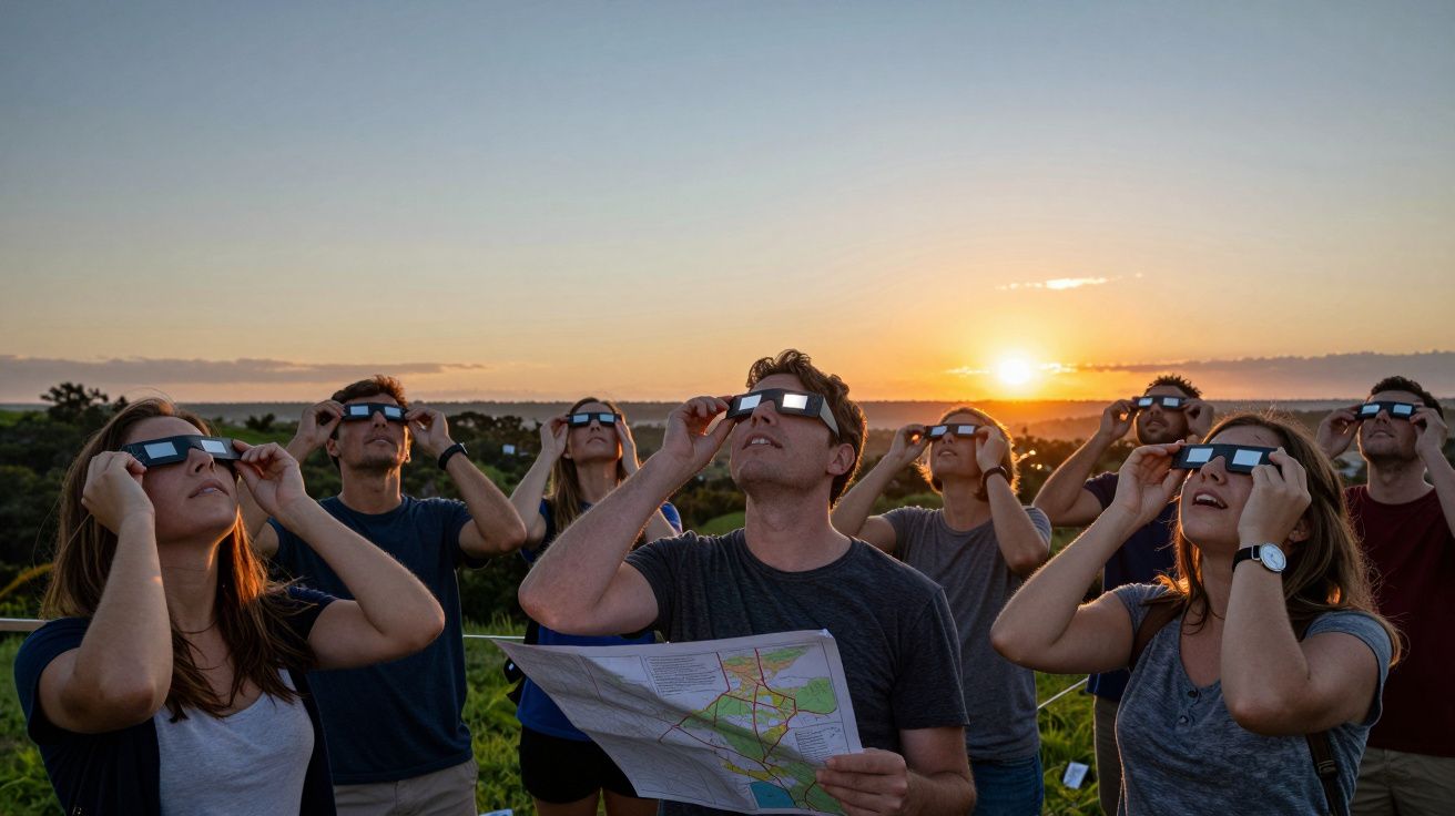 Grupo de pessoas observa o eclipse solar ao pôr do sol com óculos de proteção e mapa, num campo aberto.