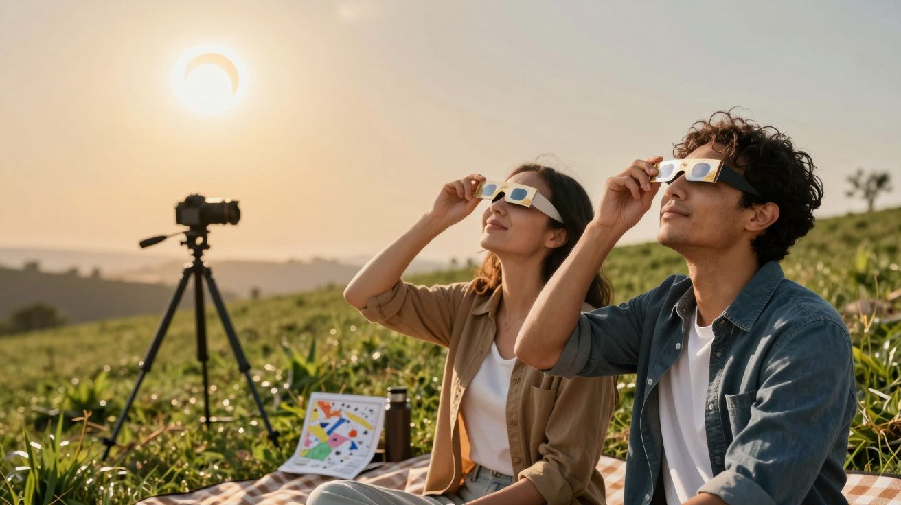 Casal observa eclipse solar com óculos especiais, sentados numa colina verde com tripé e mapa ao lado.