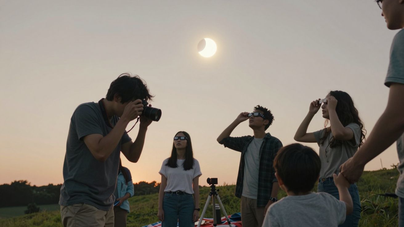 Grupo de pessoas observa um eclipse solar com óculos de proteção ao ar livre, com um fotógrafo ao lado.