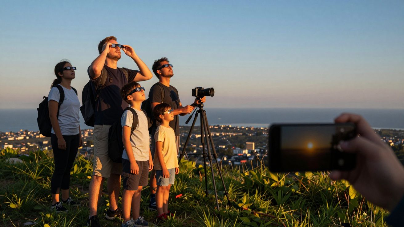 Pessoas observando o céu com óculos de proteção ao pôr do sol, numa colina com vista para a cidade e o mar.