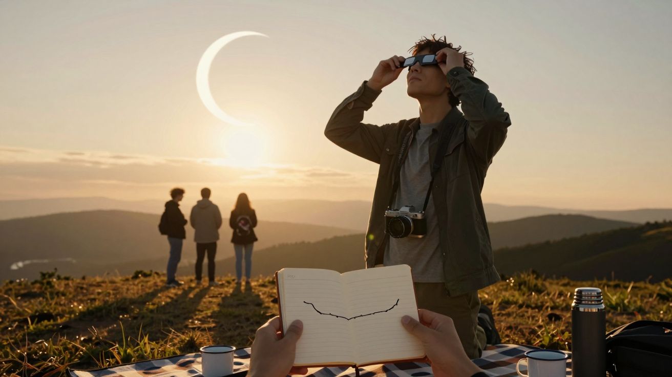 Pessoa observa o eclipse solar com binóculos, enquanto outras três pessoas estão ao fundo no campo.