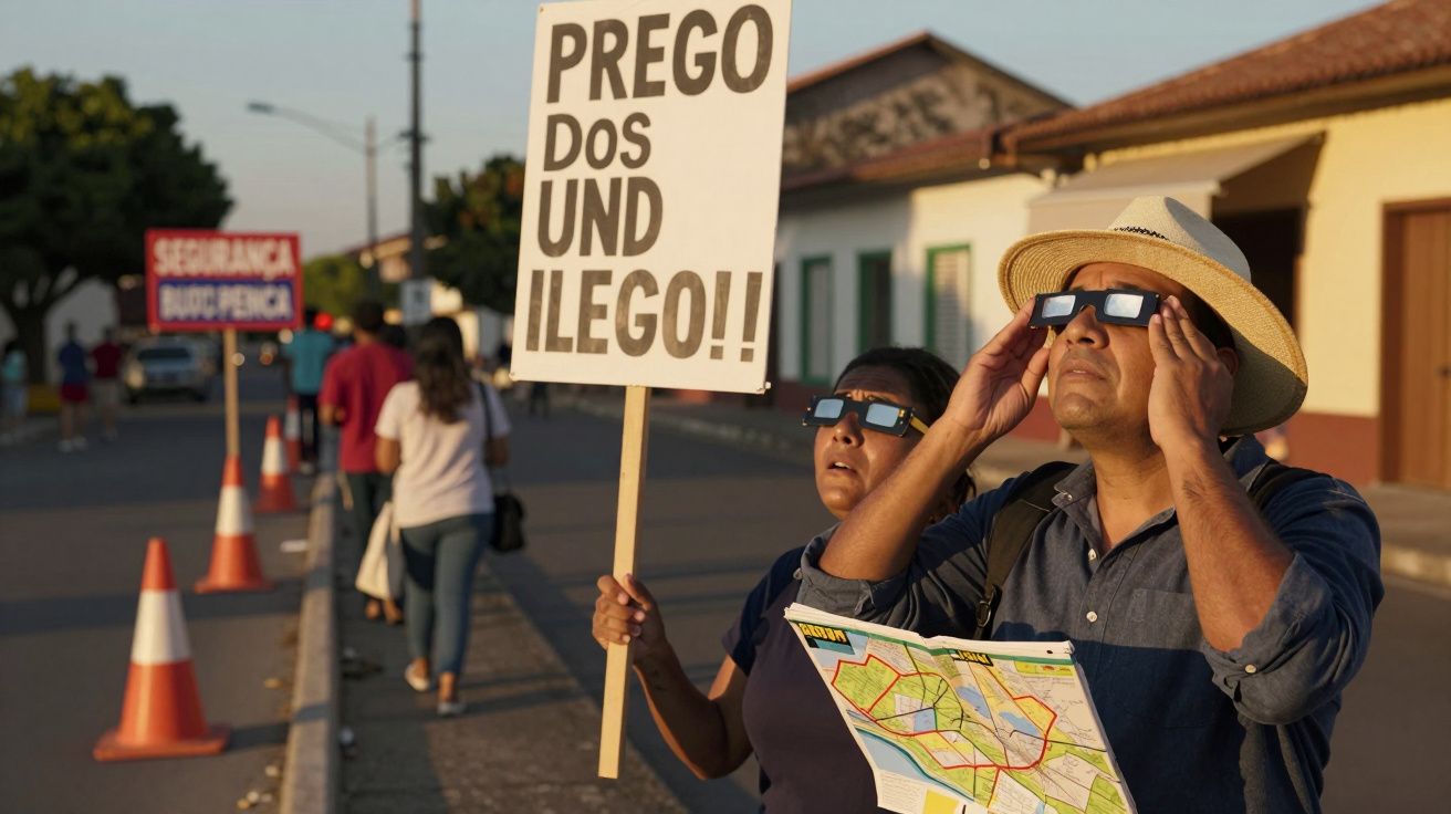 Homem e mulher observam céu usando óculos especiais, ele segura mapa. Mulher carrega placa escrita: "PREGO DOS UND ILEGO!".