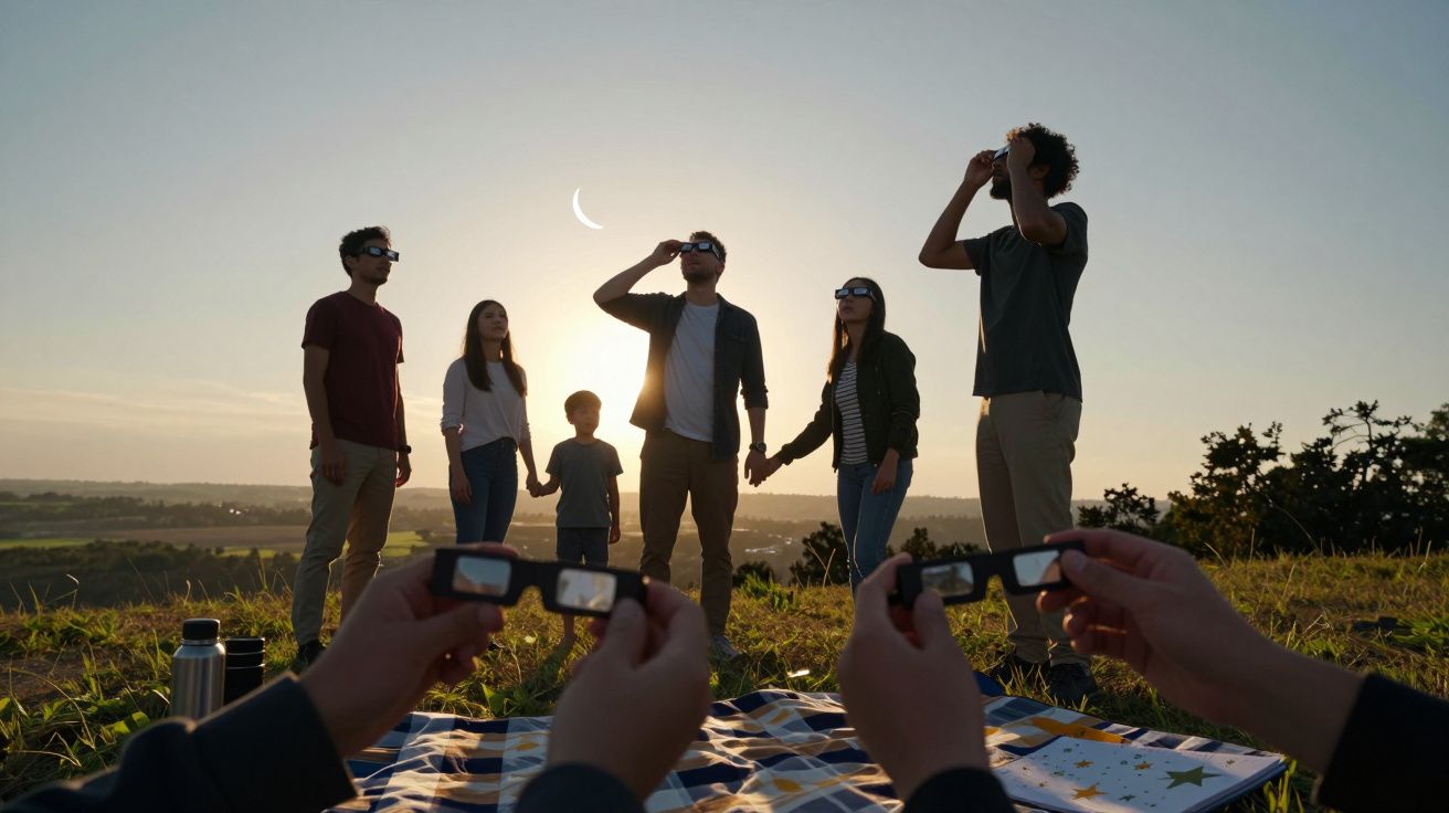 Pessoas observam um eclipse solar usando óculos especiais, em pé numa colina, ao pôr do sol.
