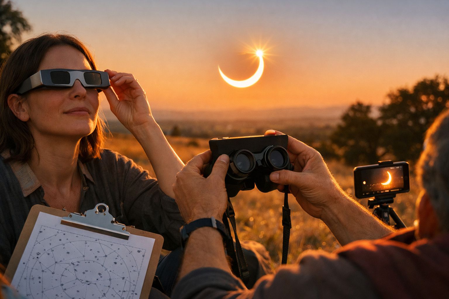 Homem olha para o sol usando óculos especiais; grupo de amigos faz piquenique numa colina ao fundo.
