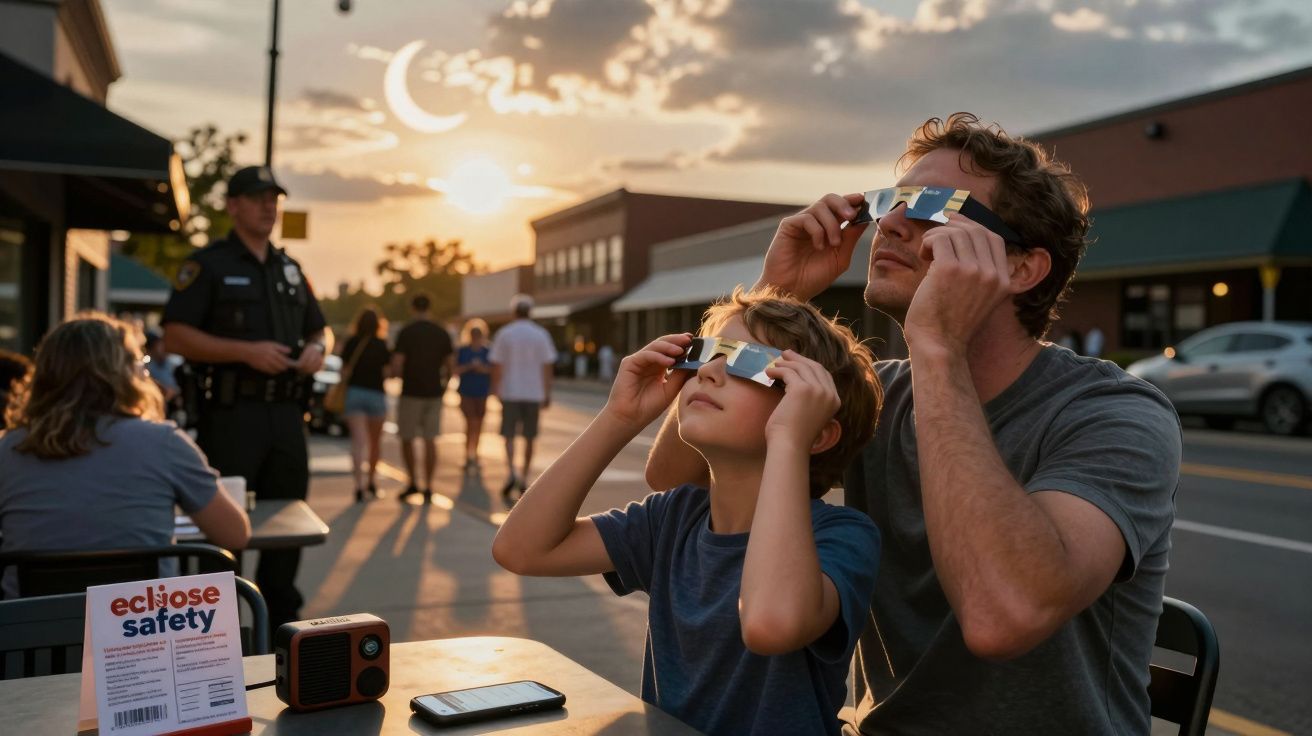 Pai e filho observam um eclipse solar com óculos especiais numa rua movimentada ao pôr do sol.