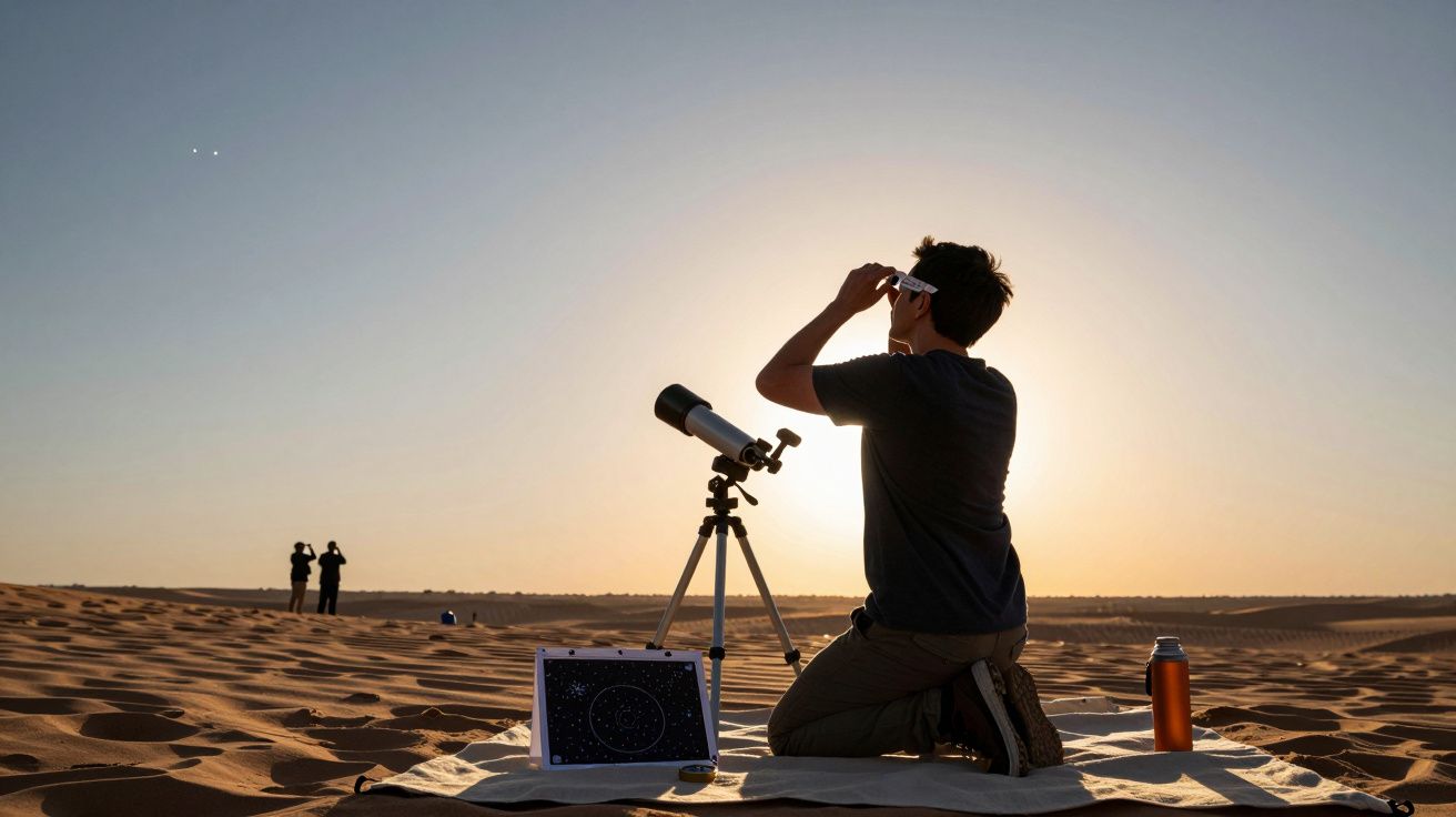 Pessoa observando o céu com telescópio no deserto ao pôr do sol, outras duas ao longe.