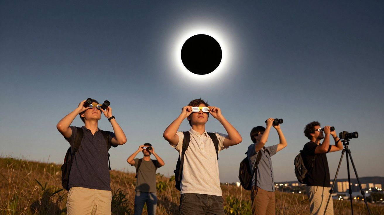 Grupo de pessoas observa um eclipse solar usando binóculos e óculos especiais ao ar livre.