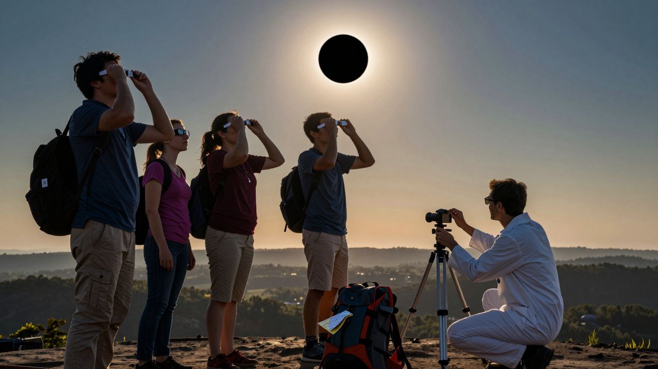 Grupo observa eclipse solar com óculos de proteção; cientista ajusta câmara num tripé ao amanhecer.