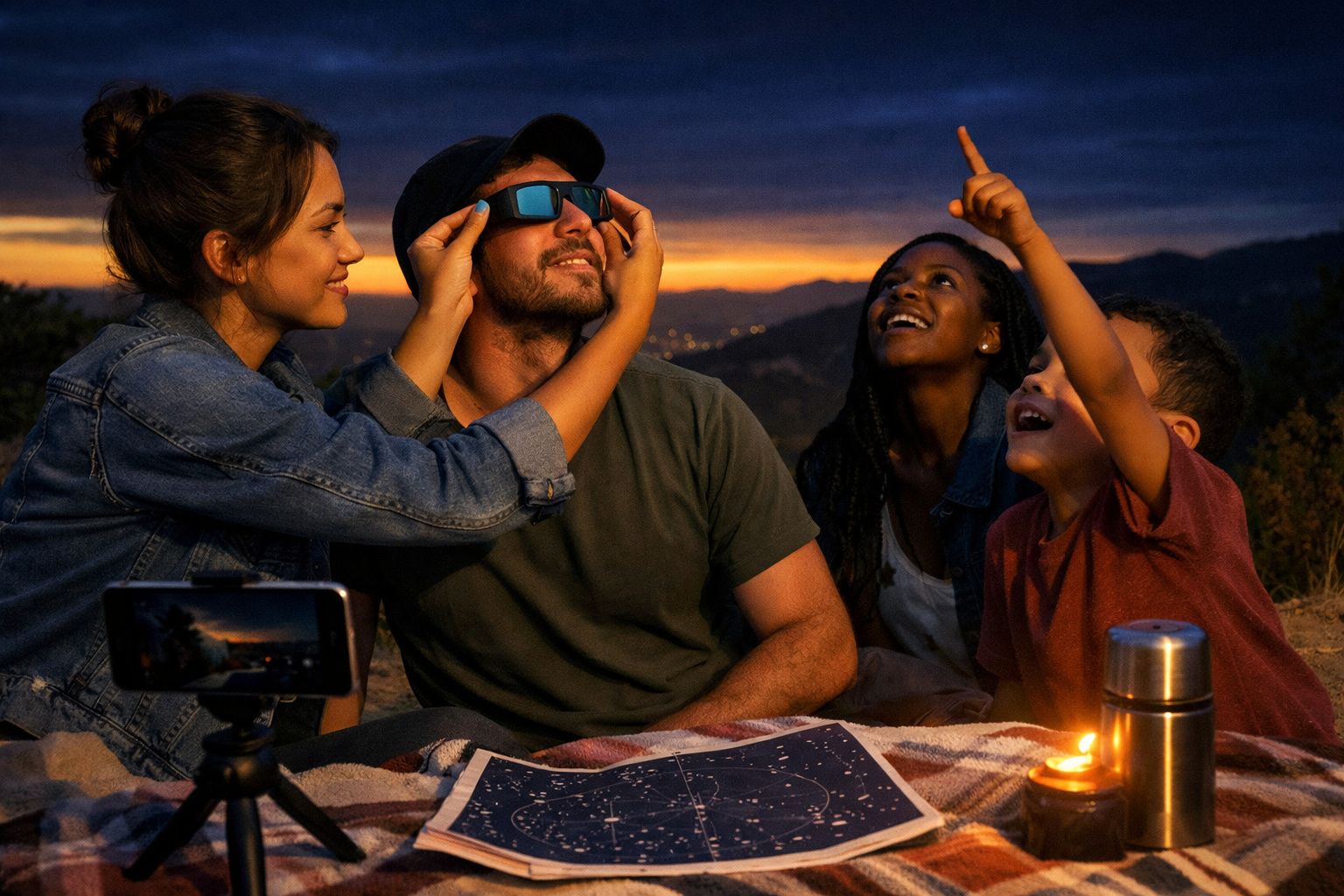 Grupo de jovens usa óculos para observar o céu ao entardecer junto ao mar, iluminados por luz ao centro da mesa.