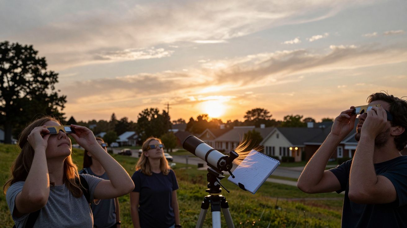 Grupo observa o sol com óculos de proteção, ao lado de um telescópio, durante o pôr do sol em área residencial.
