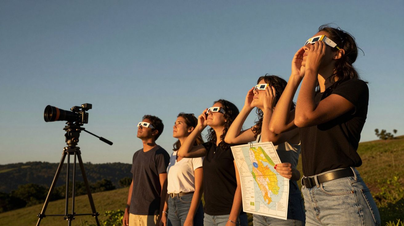 Grupo de jovens observa eclipse solar com óculos de proteção, segurando um mapa, ao lado de uma câmara num campo.
