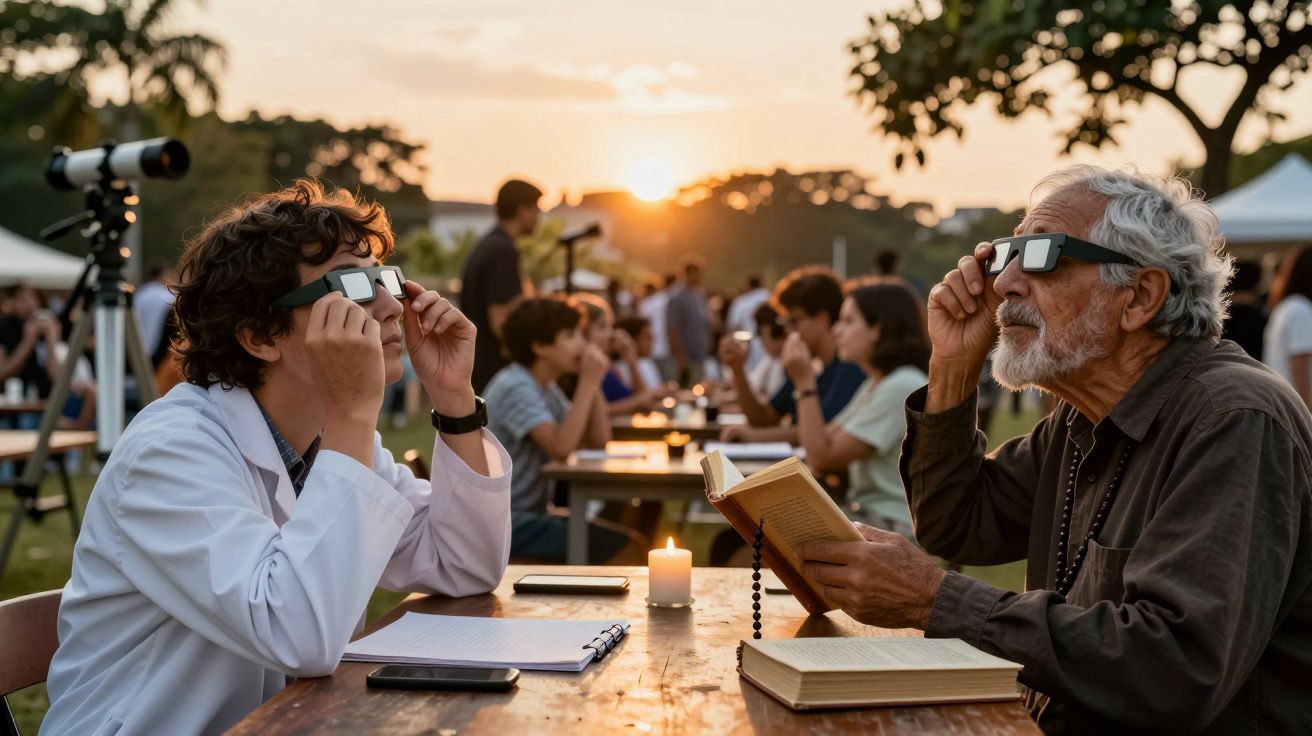 Pessoas sentadas ao ar livre, usando óculos especiais durante um evento ao pôr do sol, com telescópio ao fundo.