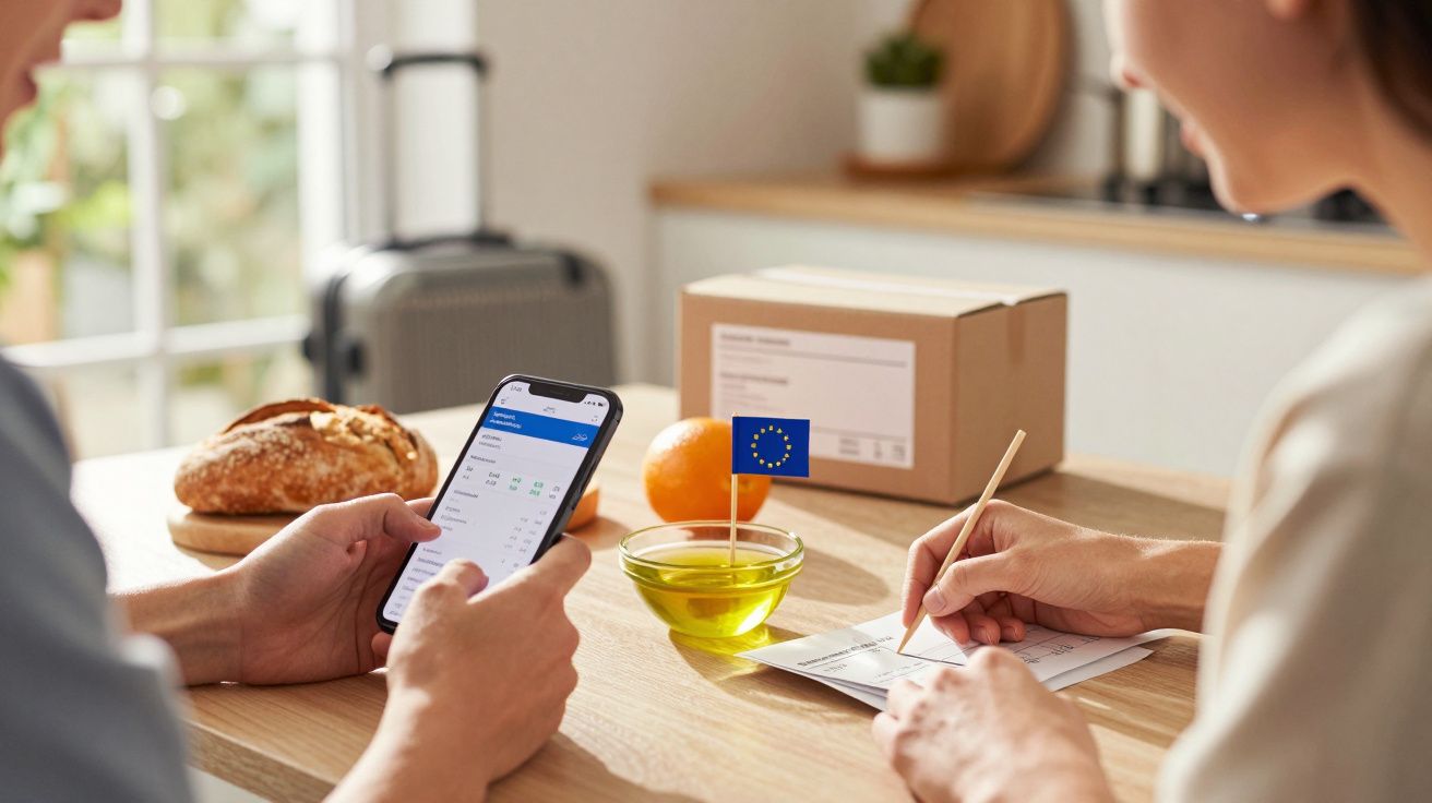 Duas pessoas numa mesa, uma usa um smartphone, outra escreve ao lado de pão, azeite, laranja e caixa com bandeira da UE.