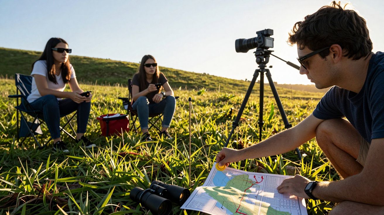 Três pessoas num campo, um homem analisa um mapa ao lado de binóculos e câmara em tripé, duas mulheres sentadas.