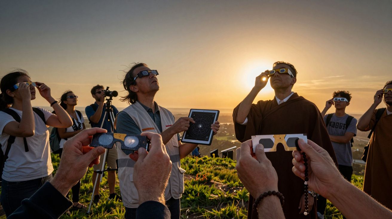 Grupo de pessoas observa eclipse solar com óculos especiais ao pôr do sol.