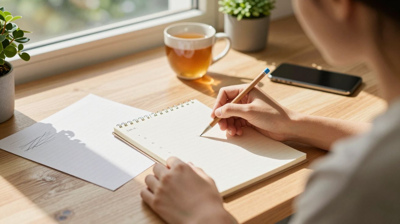 Pessoa escrevendo num bloco de notas, com chá e telefone ao lado, numa mesa iluminada pelo sol.