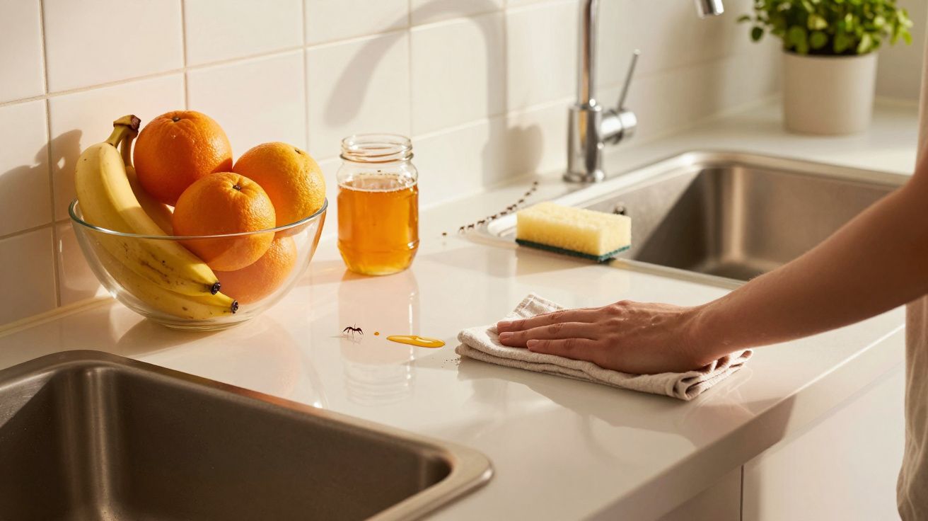 Pessoa a limpar bancada da cozinha com pano, jarro de mel aberto, tigela com frutas e formiga próxima.