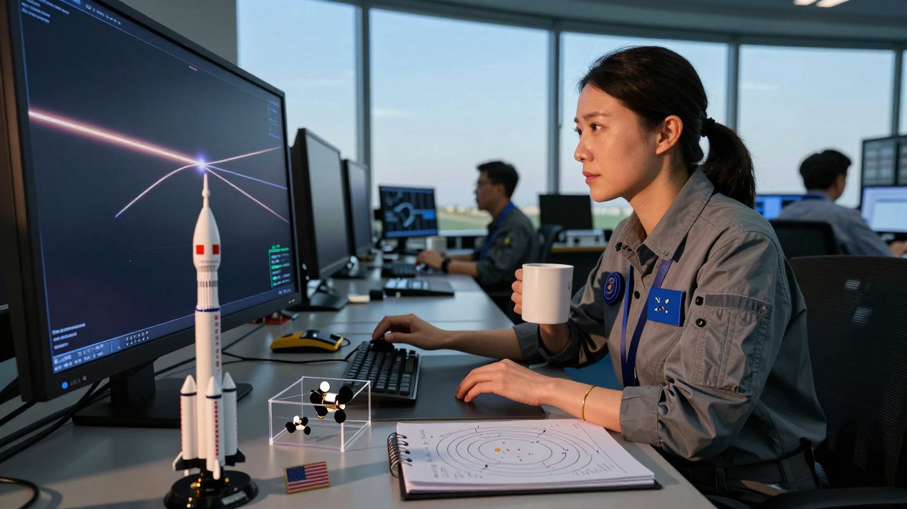 Mulher em escritório espacial a analisar dados em computador com maquete de foguetão ao lado e bloco de notas aberto.