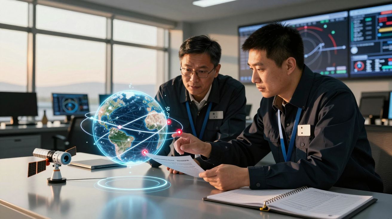Dois homens analisam dados em escritório high-tech, com holograma de globo terrestre flutuante e satélite em miniatura.