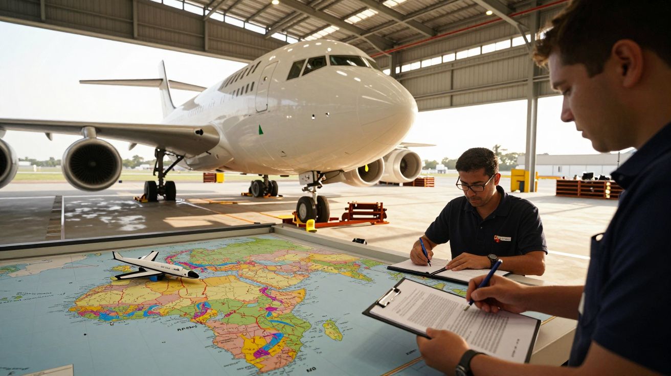 Dois homens planeiam voo num hangar, com mapa e modelo de avião, frente a um avião comercial estacionado.