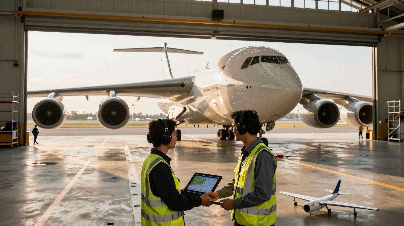 Dois técnicos com coletes refletores inspecionam um grande avião de carga num hangar com uma maquete ao lado.