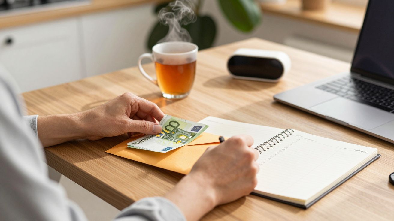 Pessoa segura uma nota de euro enquanto escreve num caderno, com chá e portátil na mesa de madeira.
