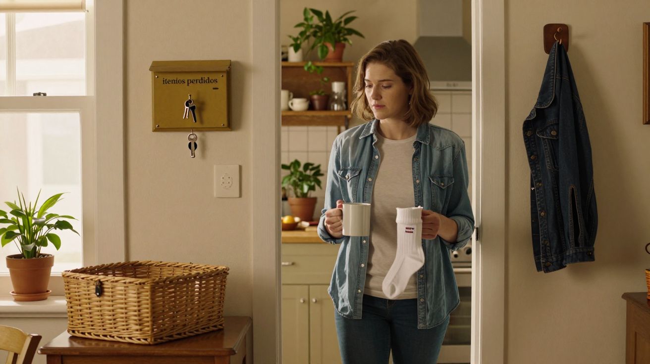 Mulher em pé na cozinha segura caneca e meia, com chaveiro "itens perdidos" na parede ao fundo.