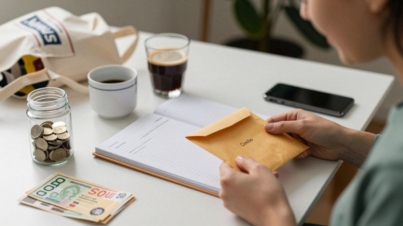 Pessoa com envelope de contas, caderno aberto, jarra de moedas, notas de dinheiro e café em mesa branca.