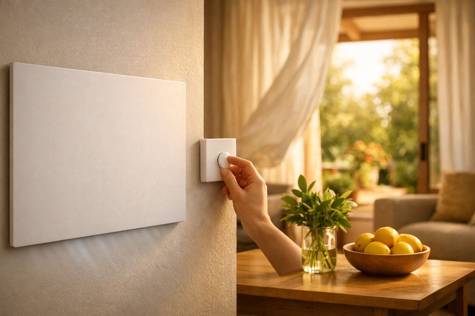 Mulher toca na parede de uma sala iluminada, com plantas e um copo de água num móvel ao lado.