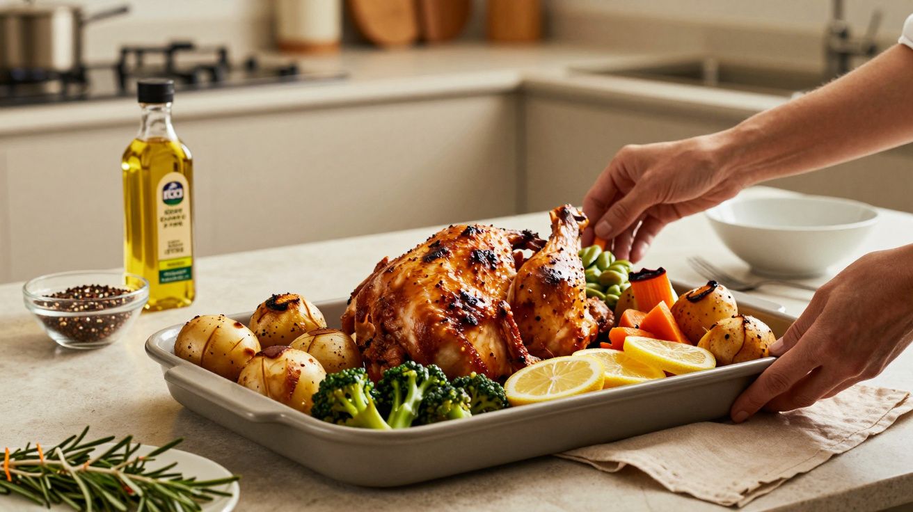 Pessoa prepara tabuleiro com frango assado, batatas, brócolos e limão na cozinha com azeite e especiarias ao lado.
