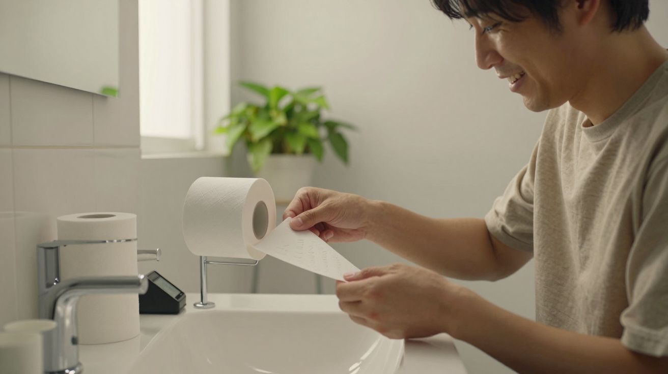 Homem sorridente desenrola papel higiénico numa casa de banho clara, com planta ao fundo.