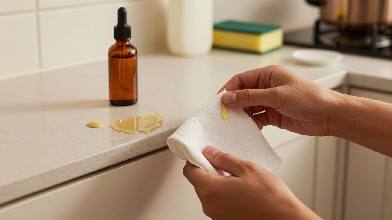 Mãos limpando líquido derramado num balcão de cozinha com um pano branco ao lado de um frasco de vidro âmbar.