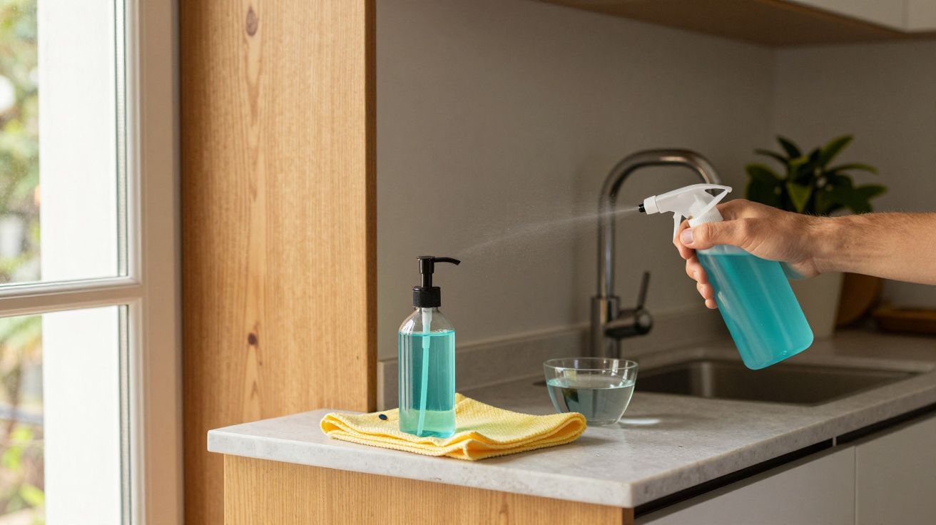 Pessoa a pulverizar desinfetante azul num lavatório de cozinha, com toalha amarela e saboneteira sobre o balcão.