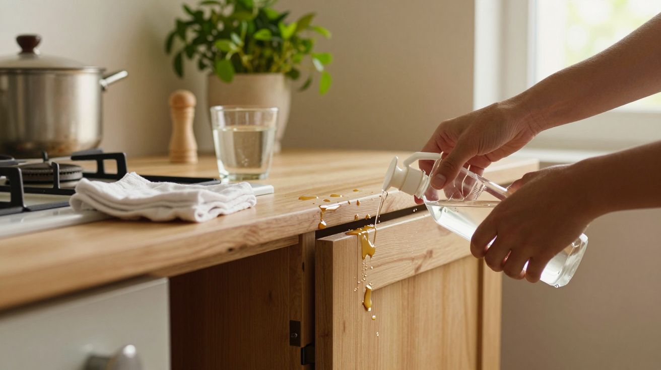 Mãos limpando bancada de madeira com líquido, toalha e planta ao fundo na cozinha.