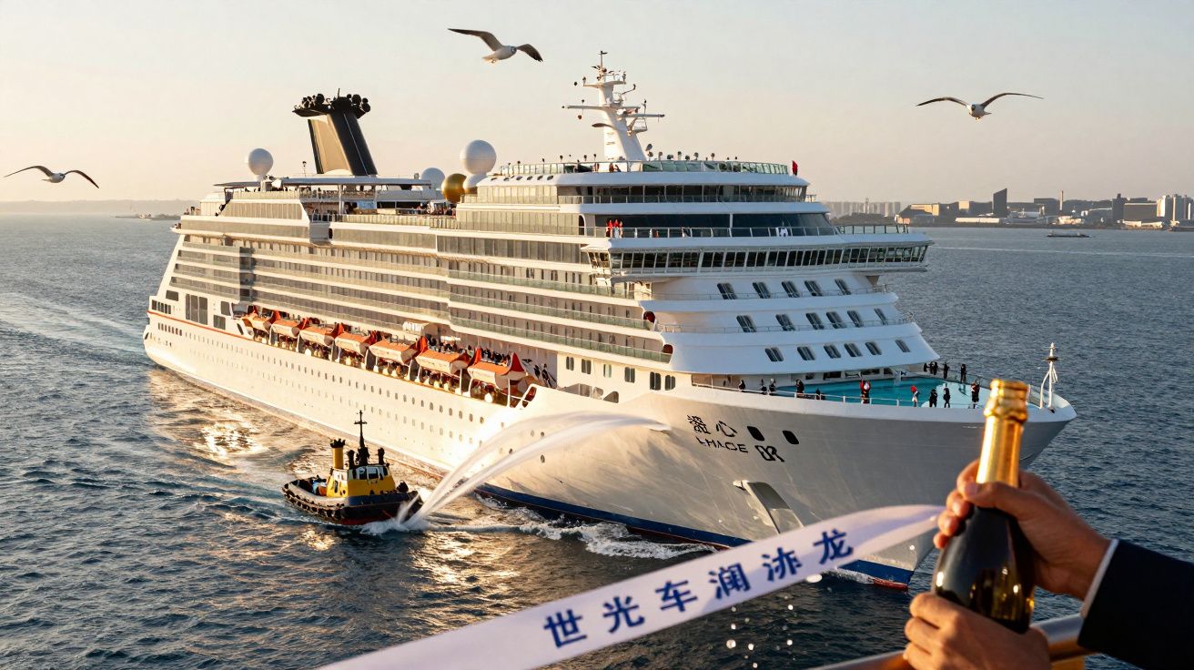 Navio de cruzeiro no mar com gaivotas ao redor. Um barco rebocador lança água e alguém segura champanhe.