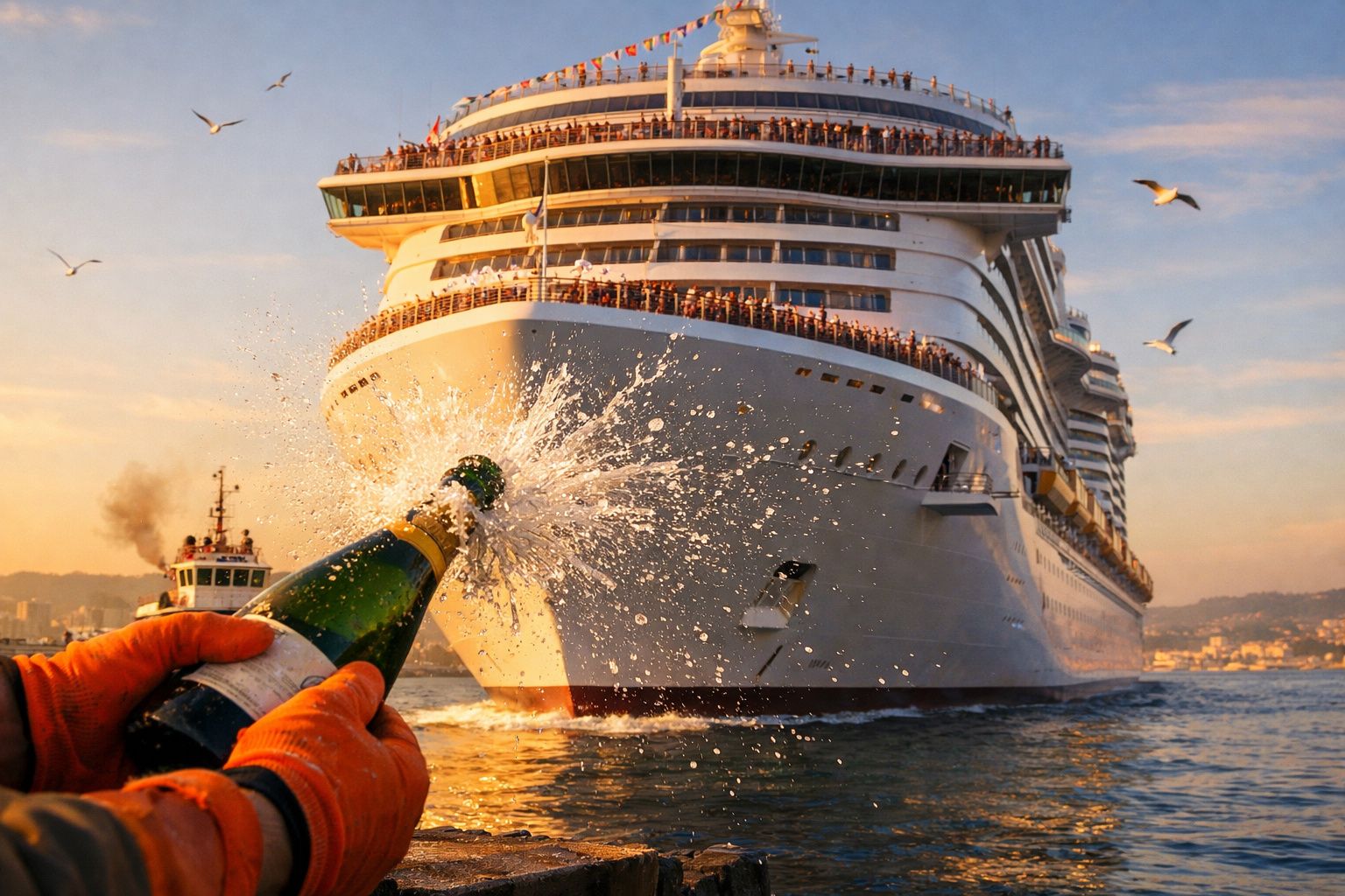 Pessoas acenam para um grande navio de cruzeiro branco a aproximar-se do porto sob um céu azul claro.