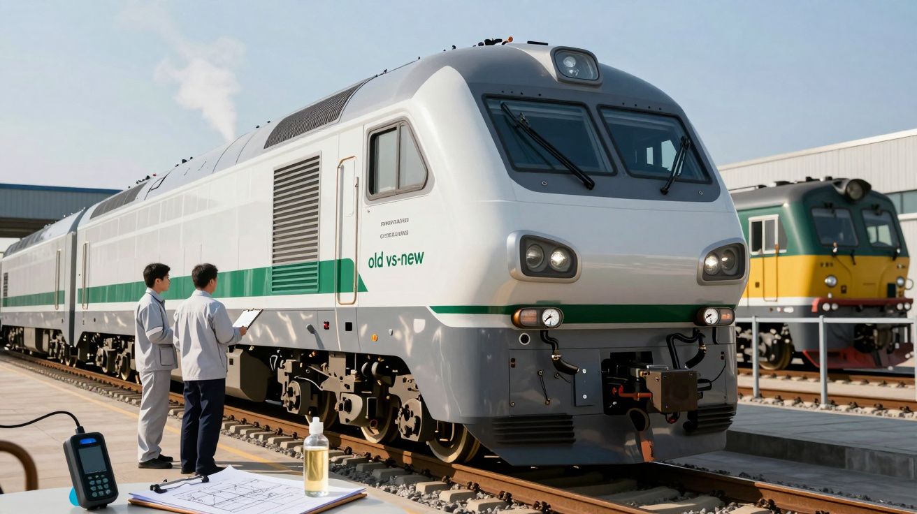 Engenheiros inspecionam uma locomotiva moderna verde e branca numa linha férrea ao lado de um comboio antigo.