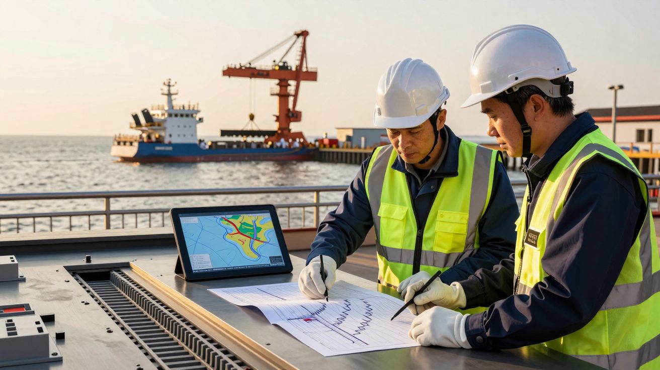 Dois engenheiros analisam mapas num porto, usando um portátil; navio e grua no fundo.