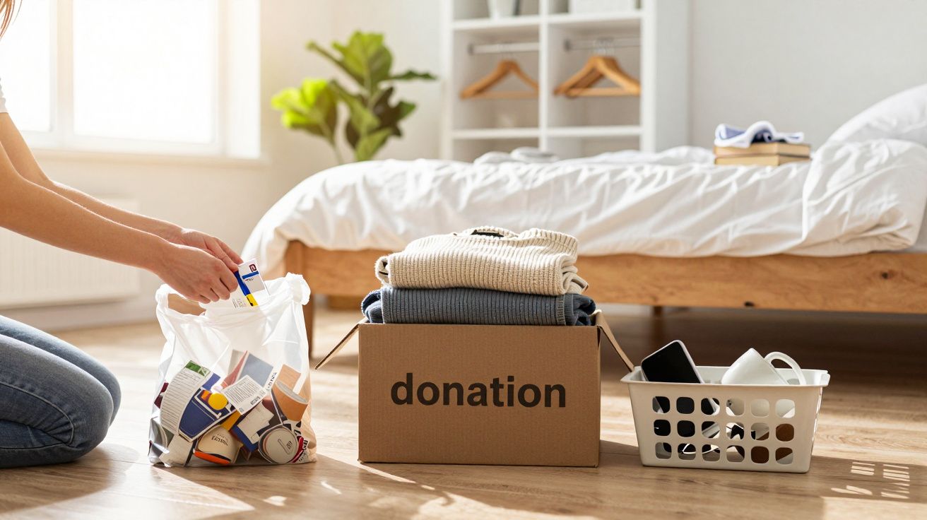 Quarto minimalista com caixa de doações cheia de roupas e saco com produtos de higiene ao lado de uma cama.