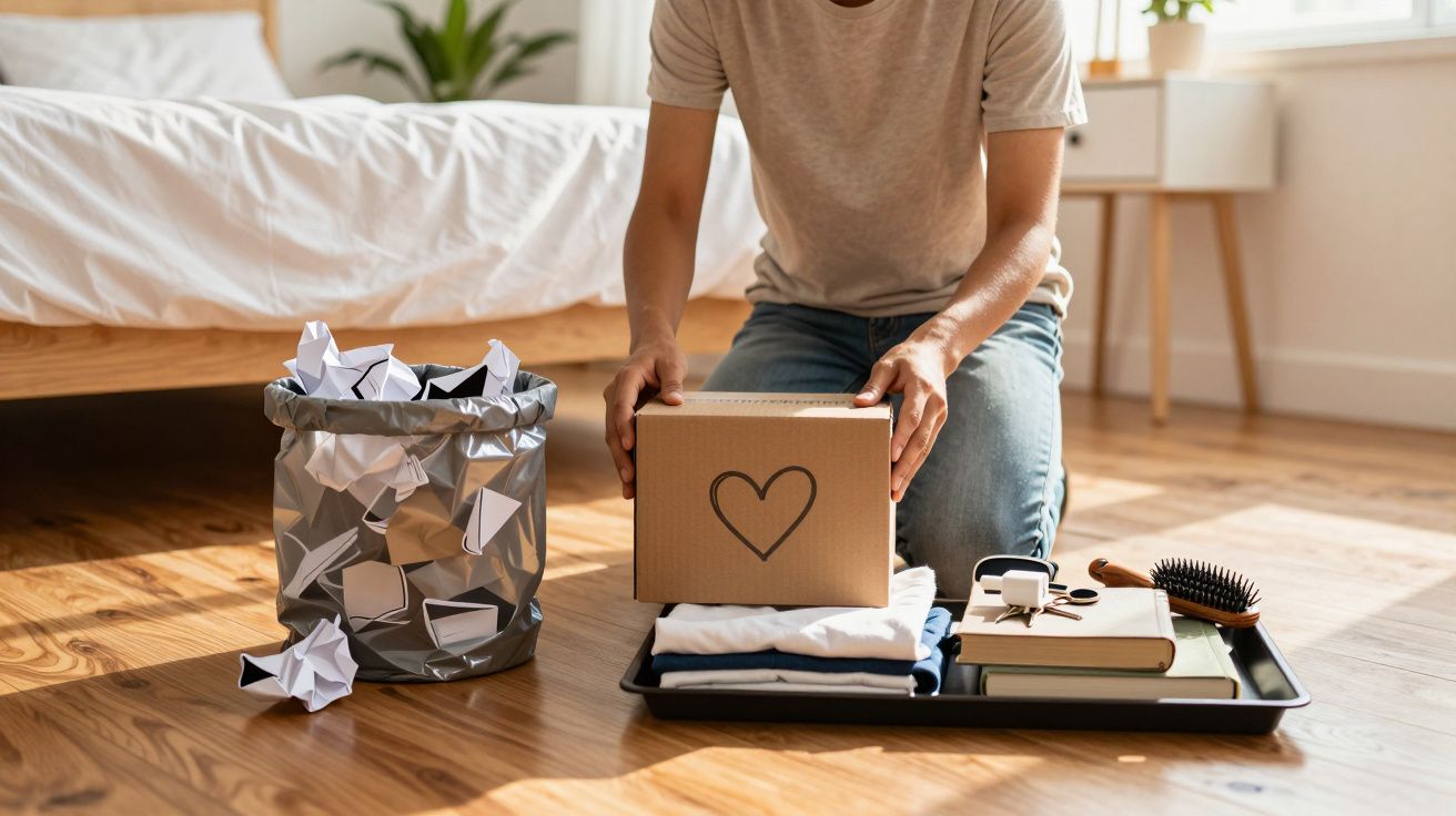 Pessoa ajoelhada guarda uma caixa com desenho de coração; ao lado, um tabuleiro com roupas e um cesto com papéis.