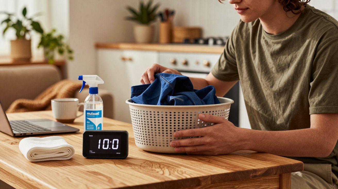 Homem dobrando roupa numa cesta numa cozinha, com relógio, portátil, toalha e spray de limpeza sobre a mesa.