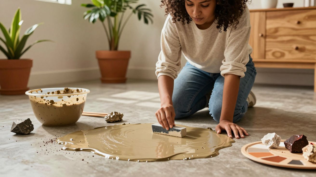 Mulher ajoelhada limpa líquido derramado no chão de cimento, com plantas e gaveteiro ao fundo.