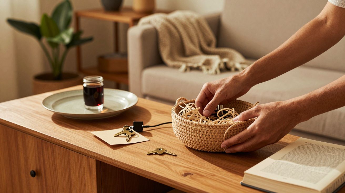 Mãos organizam fios num cesto sobre mesa de madeira com chaves, livro aberto e copo de bebida.