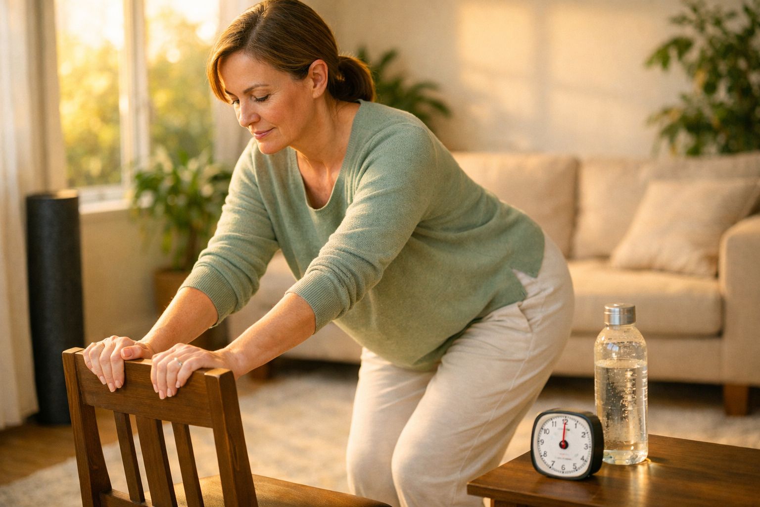 Mulher a fazer alongamento em tapete de ioga, usando cadeira, em sala iluminada pelo sol.
