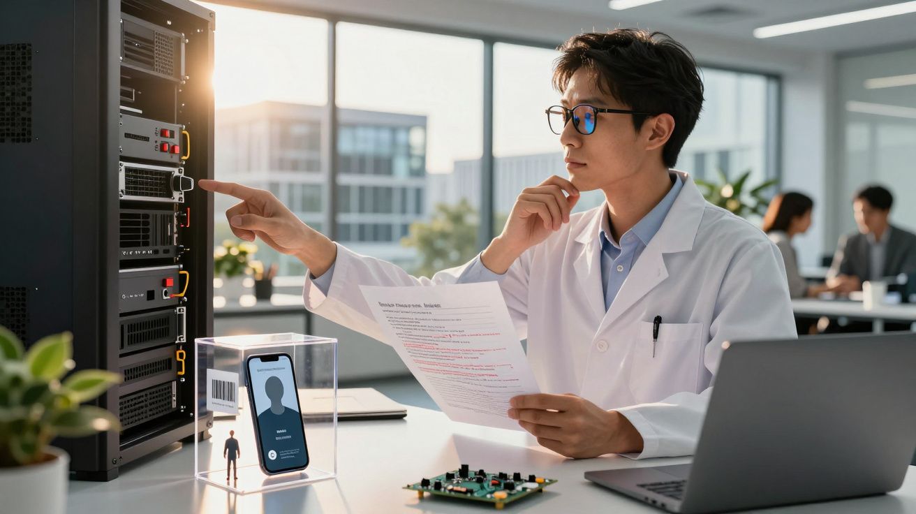 Homem de óculos analisa servidores e documentos numa sala moderna; computador portátil e smartphone presentes.