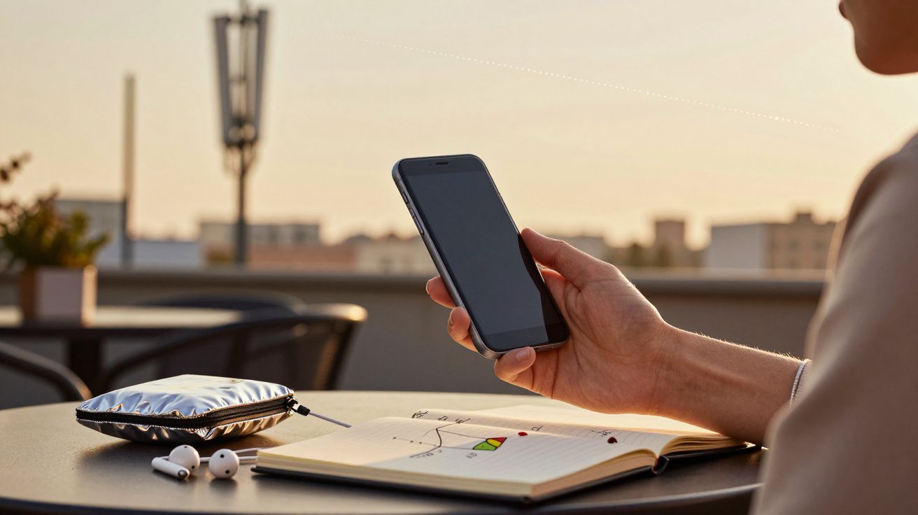 Pessoa segurando um smartphone sentado a uma mesa com caderno, auscultadores e bolsa prateada ao pôr do sol na cidade.