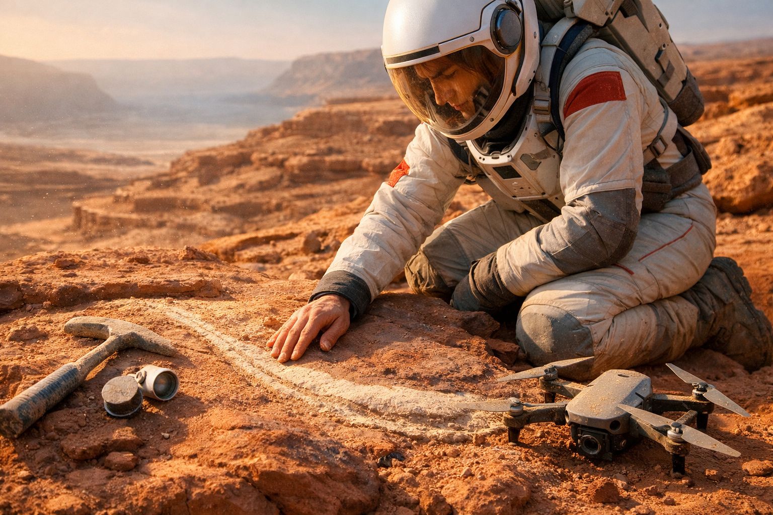 Cientista de bata branca escava solo arenoso com um pincel. Um robô está ao fundo.