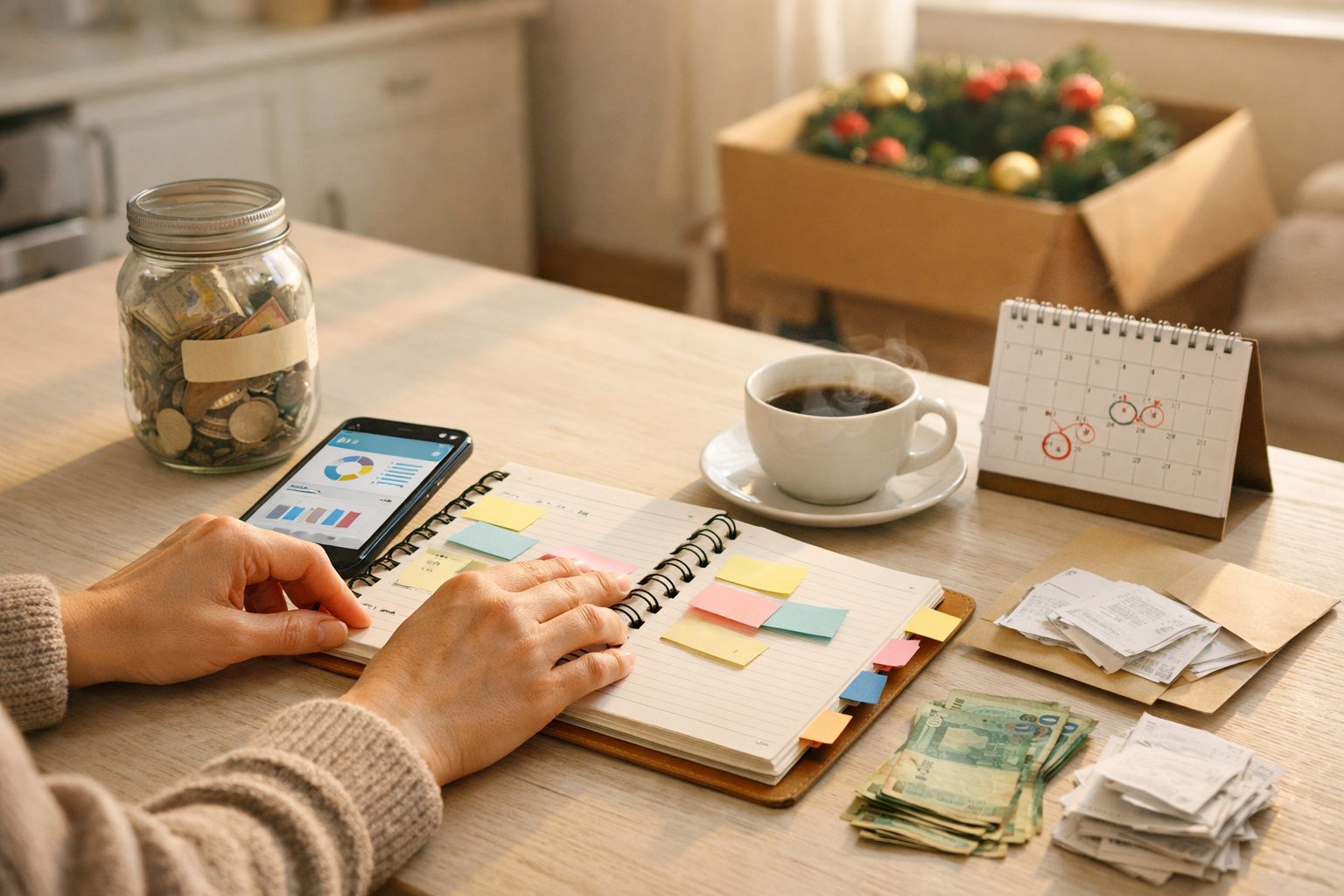 Mulher na mesa com contas, caderno aberto e jarro de moedas, ao lado de um telemóvel.