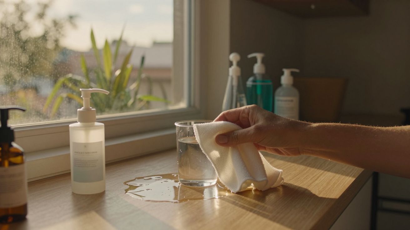 Mão limpando água derramada na mesa com um pano, ao lado de um copo e dispensadores de sabonete.