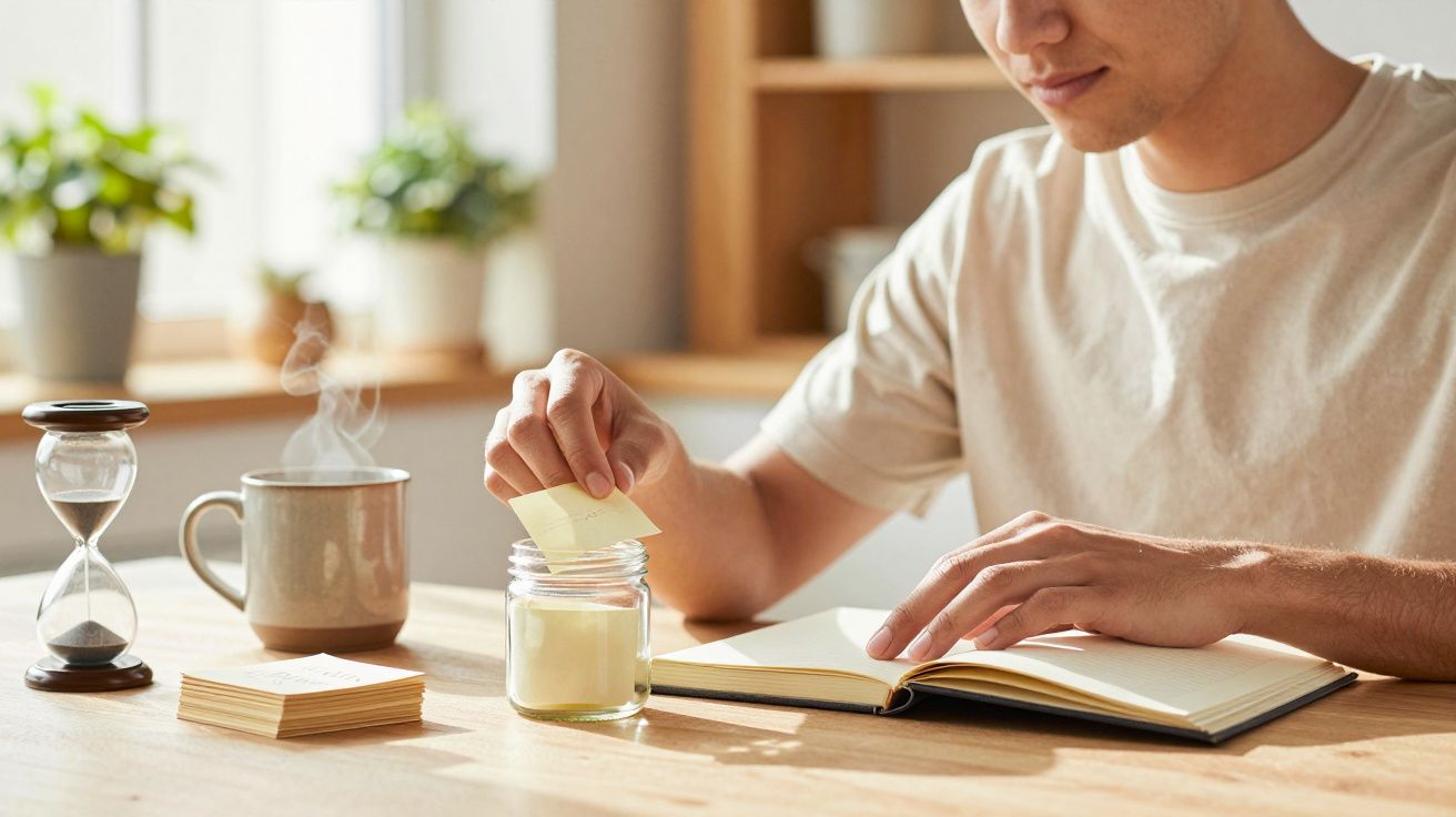 Homem coloca nota num frasco enquanto escreve num caderno; chá fumegante e ampulheta sobre a mesa.